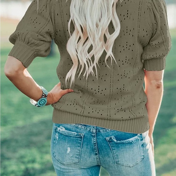 Puff Sleeve Sweaters Crew Neck Lightweight Pointelle Knit Pullover Shirts Tops - Picture 2 of 3